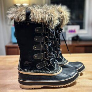 Sorel Joan of Arctic waterproof boot, black, suede, and faux fur cuff—NW